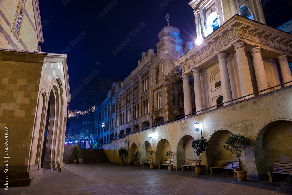 Naklejka premium Night photo of Zion Cathedral of Tbilisi, Georgia. The current church is based on a 13th-century version with some changes from the 17th to 19th centuries.