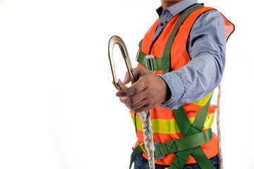 engineer wear fall arrest equipment on white background