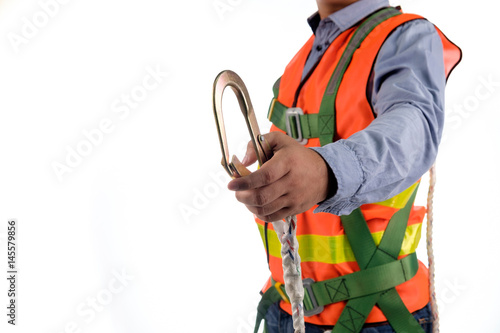 engineer wear fall arrest equipment on white background