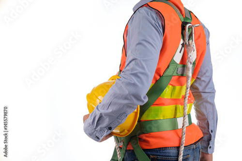 engineer wear fall arrest equipment on white background