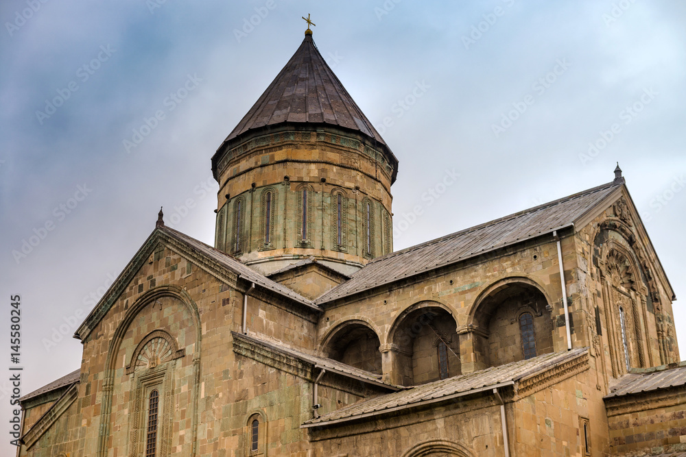 The exteriior Of Mtskheta, Georgia, The Old Town Lies At The Confluence Of The Rivers Mtkvari And Aragvi. Svetitskhoveli Cathedral, Ancient Georgian Orthodox Church, Unesco Heritage In The Center.