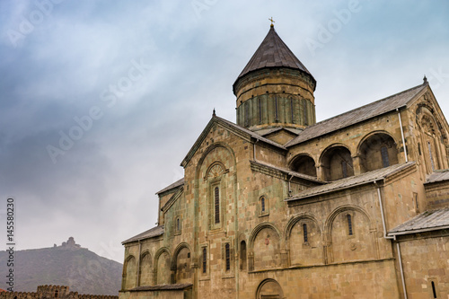 The exteriior Of Mtskheta, Georgia, The Old Town Lies At The Confluence Of The Rivers Mtkvari And Aragvi. Svetitskhoveli Cathedral, Ancient Georgian Orthodox Church, Unesco Heritage In The Center.