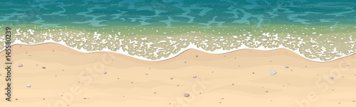 Бесшовный векторный рисунок морского песчаного пляжа с ракушками, камешками и пеной на волнах