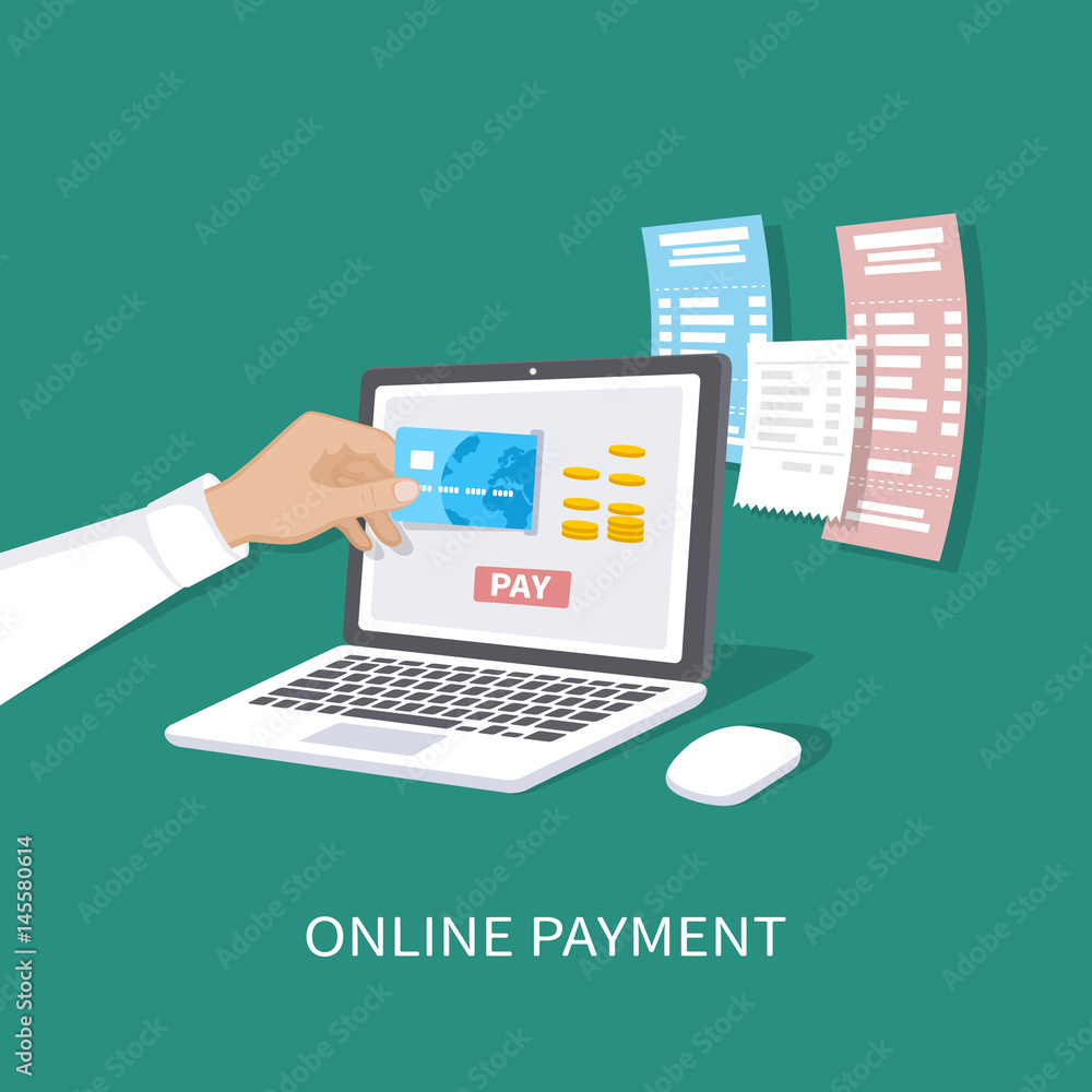 Online payment concept. Payment of bills, checks, online shopping via mobile app. E-commerce, electronic business. Man's hand with a credit card and laptop. Vector illustration Online payment concept. Payment of bills, checks, online shopping via mobile app. E-commerce, electronic business. Man's hand with a credit card and laptop. Vector illustration