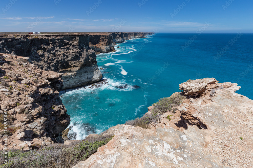 The Great Australian Bight on the Edge of the Nullarbor Plain. Whales are frequently seen frolicking below the cliffs.