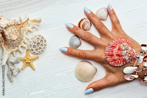 Wallpaper Mural Female hand with manicure and sea shells between fingers Torontodigital.ca