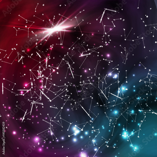 Cosmic Constellations Background Vector. Abstract Magic Space Cosmic Constellation With Stars On A Blurred Background With Lights.