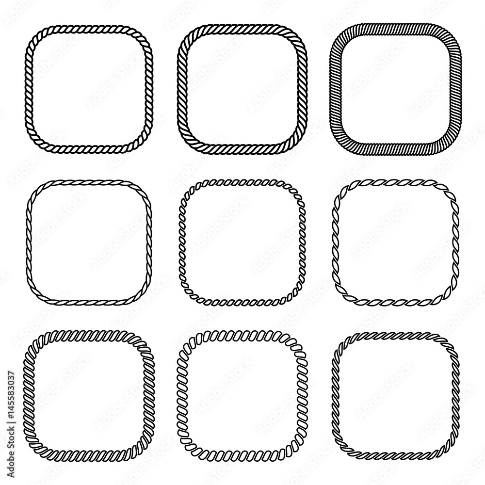 Vector rope set of square frames. Collection of thick and thin borders isolated on white background, consisting of braided cord and string. For decoration and design in nautical style. Vector rope set of square frames. Collection of thick and thin borders isolated on white background, consisting of braided cord and string. For decoration and design in nautical style.