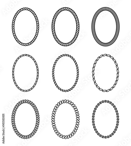 Vector rope set of oval frames. Collection of thick and thin borders isolated on white background, consisting of braided cord and string. For decoration and design in nautical style.