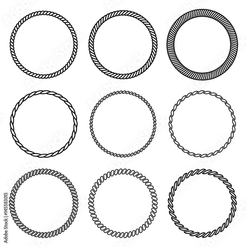 Vector set of round rope frame. Collection of thick and thin circles isolated on the white background consisting of braided cord and string. For decoration and design in nautical style.