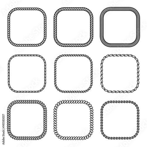 Vector rope set of square frames. Collection of thick and thin borders isolated on white background, consisting of braided cord and string. For decoration and design in nautical style.