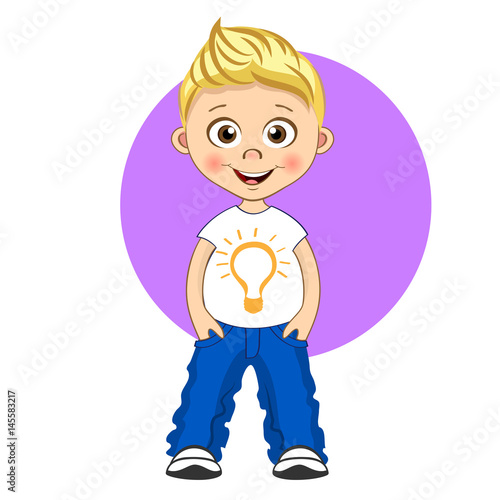 Cool boy with blonde hair in T-shirt and jeans. Vector isolated cartoon illustration