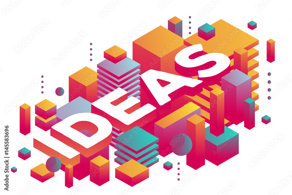 Vector illustration of three dimensional word ideas with abstract colorful shapes on white background. Vector illustration of three dimensional word ideas with abstract colorful shapes on white background.