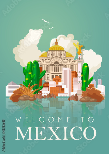 Vector colorful card about Mexico. Travel poster with mexican items.