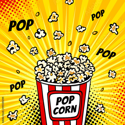 Pop art fast food in the cinema. Colorful background with popcorn popping out of the box. Vector illustration in comic retro pop art style.