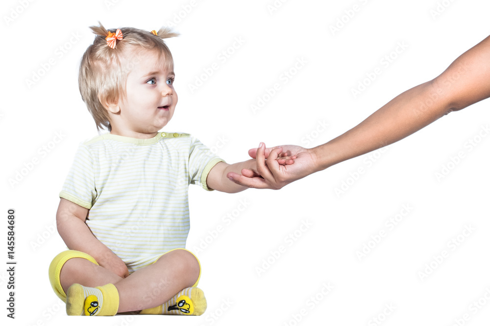Baby, kid isolated on white. baby gives the hand an outstretched arm. Shaking hands with a child. Trust. A mother's love . The confidence of a child to the world.