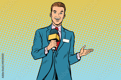 joyful TV reporter with microphone