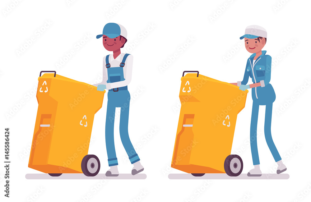 Set of male and female janitor pushing trash can Set of male and female janitor pushing trash can