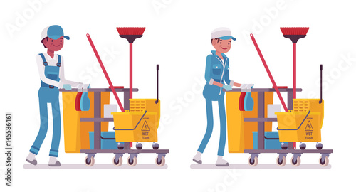 Set of male and female janitor pushing cart with tools