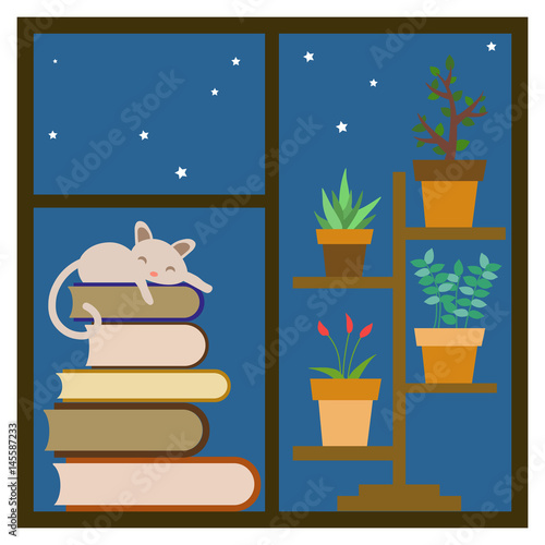 cat sleeping on a stack of books on the window near houseplants.Vector illustration
