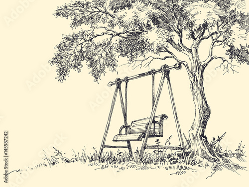 Swing under the tree vector illustration. Playground drawing