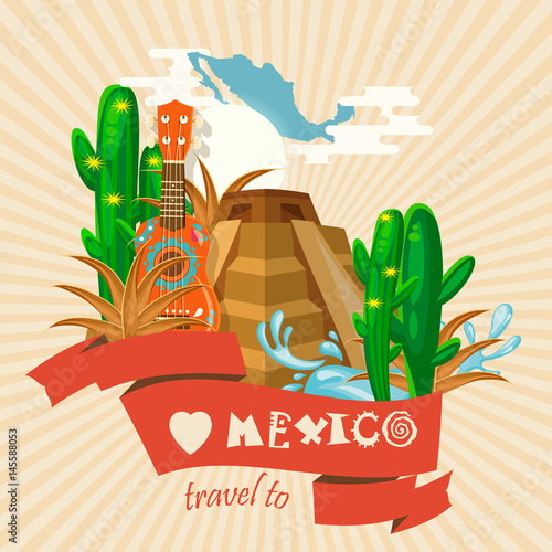 Vector colorful card about Mexico. Travel poster with mexican items.