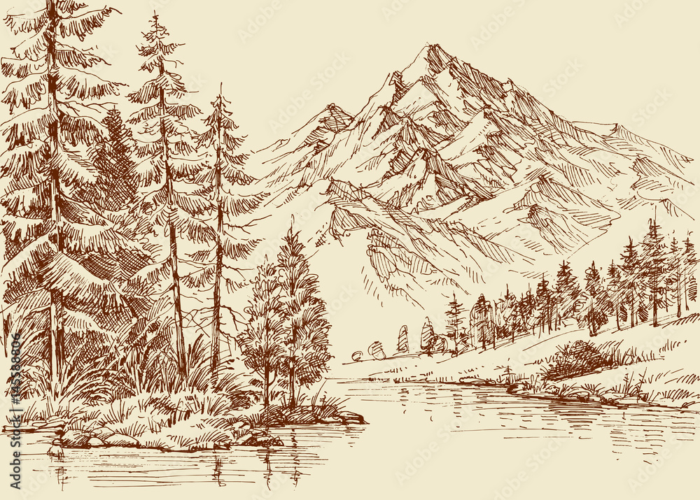 Fototapeta premium Alpine landscape, river and pine forest sketch