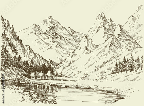 Mountain landscape sketch, small alpine resort
