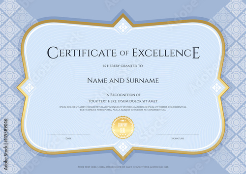 Certificate of achievement template in vector with applied Thai art background, blue color