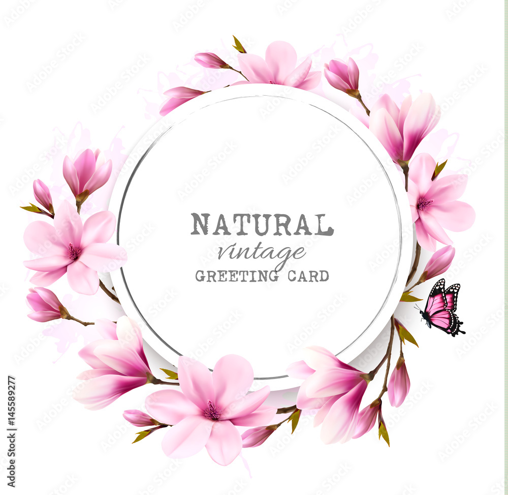 Fototapeta premium Natural vintage greeting card with pink magnolia. Vector.