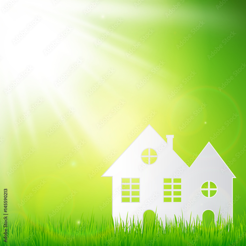 Paper art design style,house with grass, sun, nature ecology idea Paper art design style,house with grass, sun, nature ecology idea