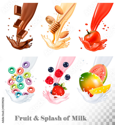 Set of three labels of of fruit in milk splashes. Fruit loops, chocolate, strawberry, almond, blueberry, mango, guava, tomato. Vector.