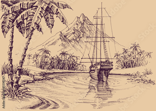 Fototapeta Tropical gulf and boat. Pirate's bay illustration