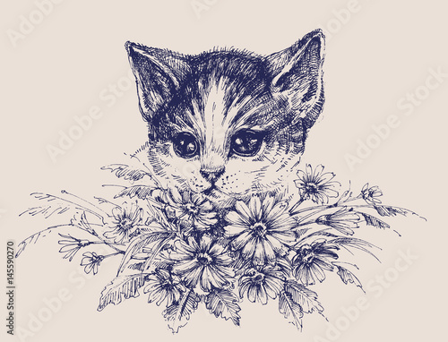 Cute cat portrait with a bunch of flowers