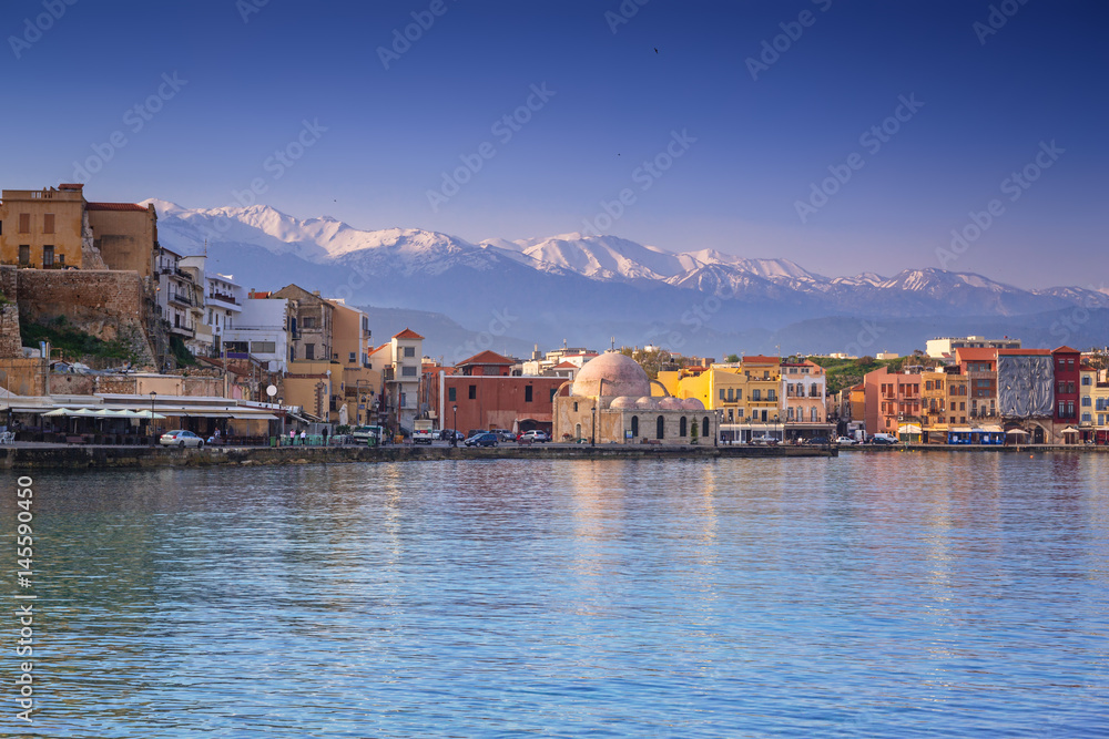 Old Venetian port of Chania at sunrise, Crete. Greece