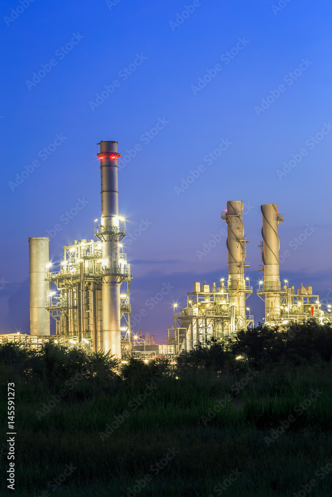 Gas turbine electrical power plant at dusk with blue hour.
