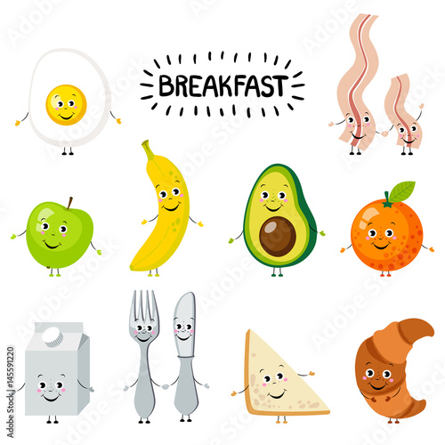Set of cartoon food: breakfast. Funny comic eggs and bacon,sandwich,croissant,fruits,milk, apple, banana, avocado, orange, fork, spoon.Vector illustration isolated on white.