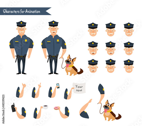 Set of colorful isolated vector policeman at work.