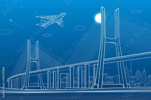 Large cable-stayed bridge, night modern city on background, airplane fly, vector design art