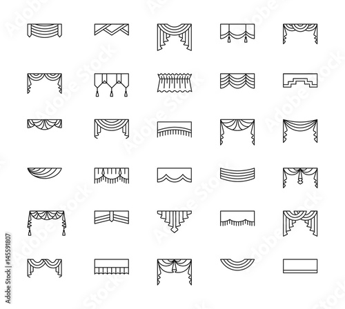 Vector line icons with valances and pelmets. Window top treatment. Lambrequins
