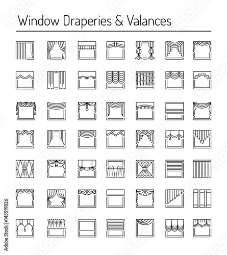 Window draperies and valances. Interior design elements. Line icon set.