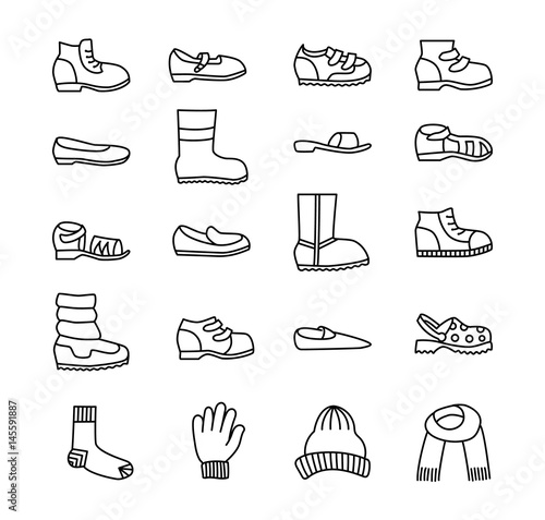 Children's shoes & accessories. Vector line icon set. Various styles of kid's footwear. Boots, sneakes, sandals, flats, running shoes for boys and girls.