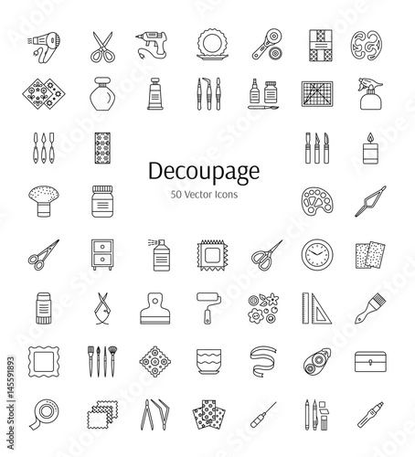 Vector line icons about paper craft. Decoupage tools and accessories. Home decorations from paper napkins and glue