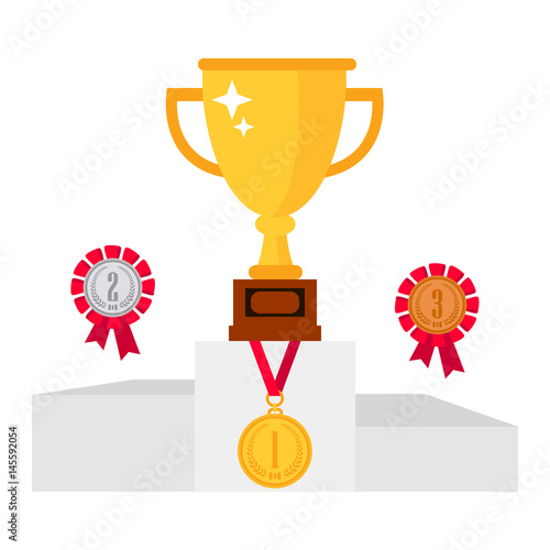 Set of trophy award icons isolated on white background. Golden, Silver and bronze cup, awards and medals. Vector illustration