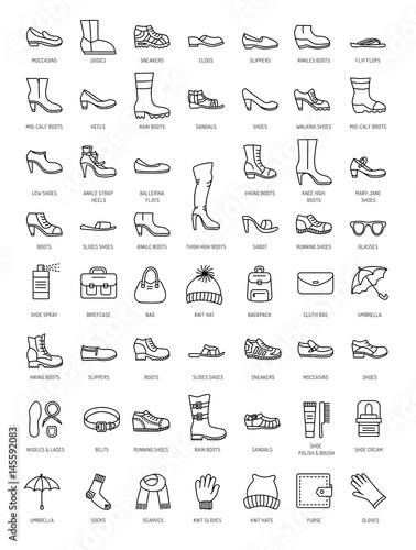 Men's and women's shoes & accessories. Vector line icon collection. Shoe care products. Boots, heels, sandals, flats, slippers. Summer, winter, autumn shoes.
