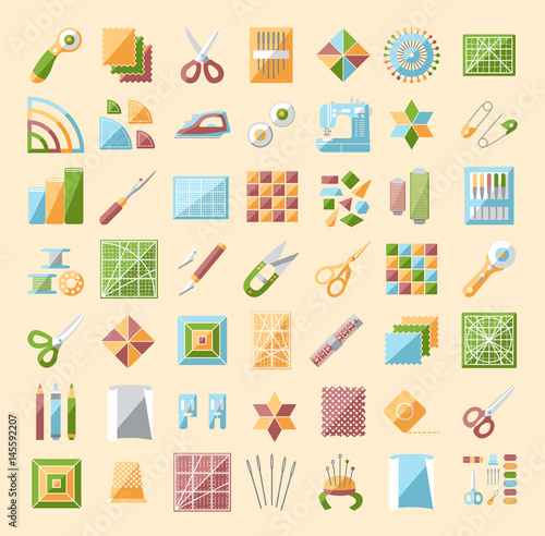 Colorful quilting line icons set. Patchwork supplies and accessories. Quilt fabric kit, patch, needle, thread, scissors, cloth, sewing machine, pin, template, ruler, rotary cutter. 