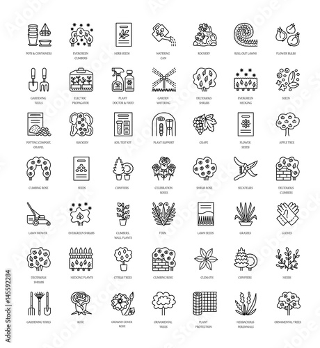 Landscaping and gardening. Vector line icon collection with trees, shrubs and flowers. Ornamental garden.
