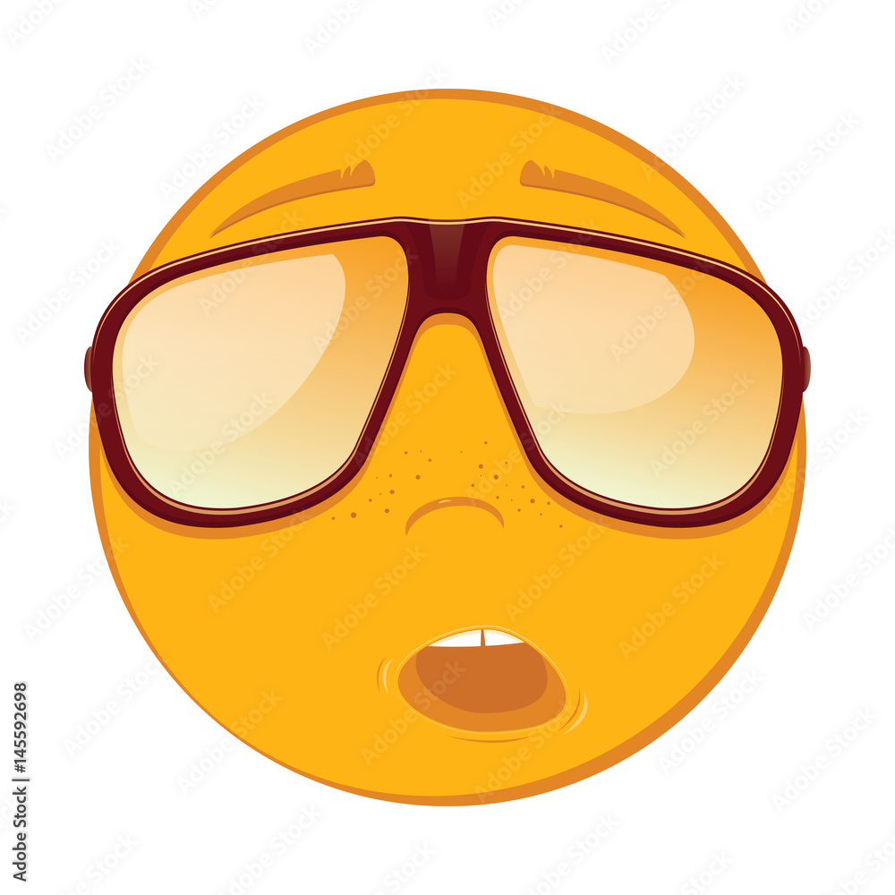 Cute surprised emoticon in a sunglasses on white background. Vector illustration. Cute surprised emoticon in a sunglasses on white background. Vector illustration.