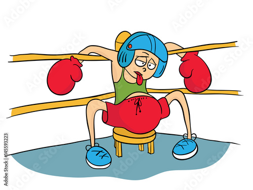 Tired boxer in helmet and gloves resting in the corner of the ring.