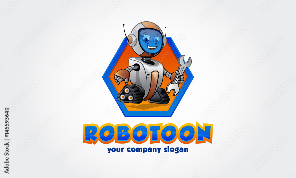 Robotoon Vector Logo Cartoon. Smart robot logo template. Cute logotype isolated on white background. Future technologies theme. Vector logo illustration.